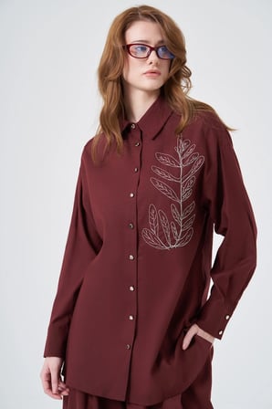 FTZ Women Kadın Zincir İşleme Tencel Keten Takım  Bordo 31374