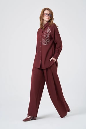 FTZ Women Kadın Zincir İşleme Tencel Keten Takım  Bordo 31374