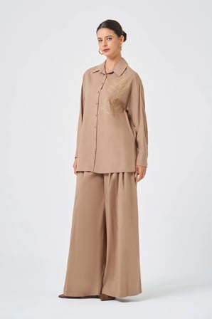 FTZ Women Kadın Zincir İşleme Tencel Keten Takım  Vizon 31374