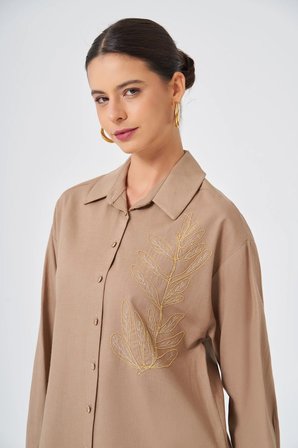 FTZ Women Kadın Zincir İşleme Tencel Keten Takım  Vizon 31374