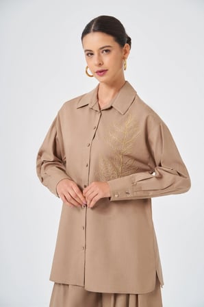 FTZ Women Kadın Zincir İşleme Tencel Keten Takım  Vizon 31374