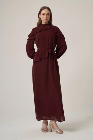 FTZ Women Kadın Şifon Yaka Taşli Elbise  Mürdüm 31379