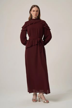 FTZ Women Kadın Şifon Yaka Taşli Elbise  Mürdüm 31379