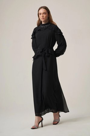 FTZ Women Kadın Şifon Yaka Taşli Elbise  Siyah 31379