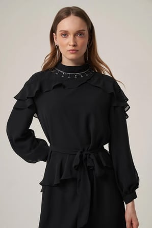 FTZ Women Kadın Şifon Yaka Taşli Elbise  Siyah 31379