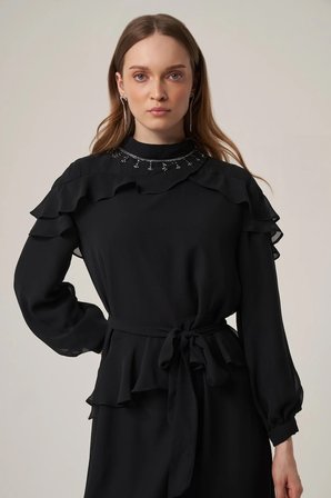 FTZ Women Kadın Şifon Yaka Taşli Elbise  Siyah 31379