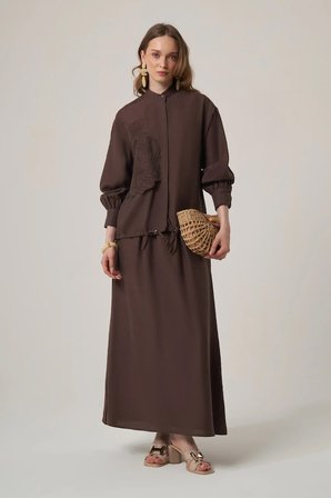FTZ Women Kadın Tencel Keten Etekli Takım  Kahve 31382