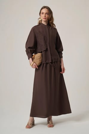 FTZ Women Kadın Tencel Keten Etekli Takım  Kahve 31382