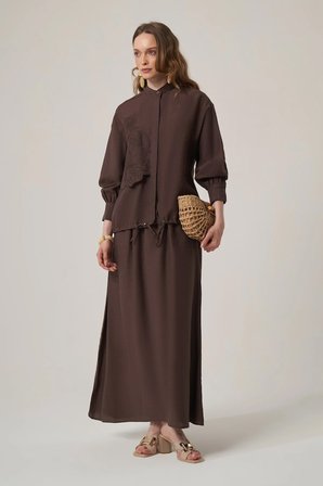 FTZ Women Kadın Tencel Keten Etekli Takım  Kahve 31382