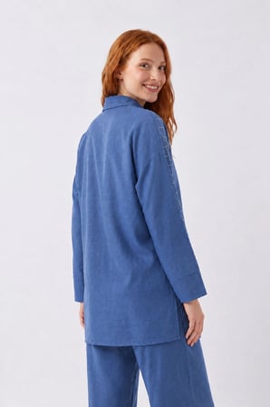 FTZ Women Kadın Taş Detay Keten Takım  İndigo 31395