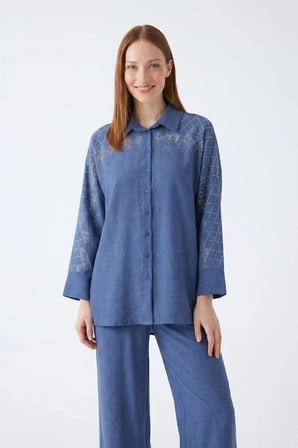 FTZ Women Kadın Taş Detay Keten Takım  İndigo 31395