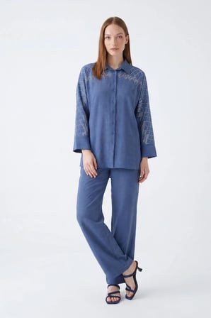 FTZ Women Kadın Taş Detay Keten Takım  İndigo 31395