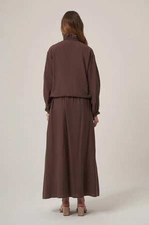 FTZ Women Kadın Fırfır Detay Keten Etekli Takım  Kahve 31411