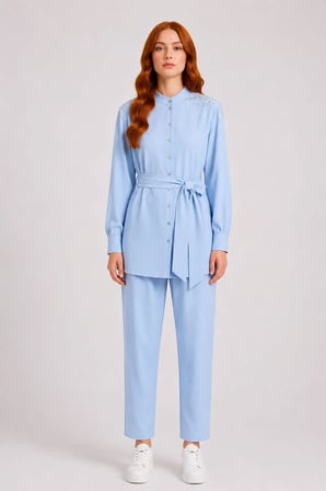 FTZ Women Kadın Omuz Taşli Tencel Takım  Mavi 31414