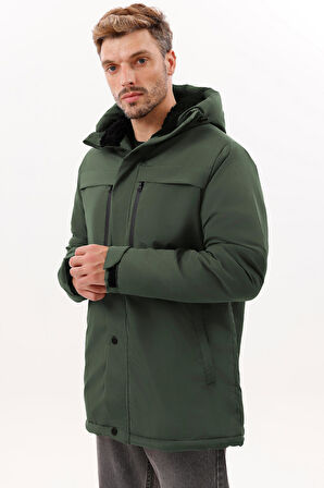 Erkek Polarlı Kürklü Su Ve Rüzgar Geçirmez Kapüşonlu Kışlık Mont & Kaban & Parka