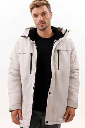 Erkek Polarlı Kürklü Su Ve Rüzgar Geçirmez Kapüşonlu Kışlık Mont & Kaban & Parka