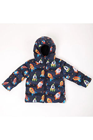 Kız Çocuk Polarlı Kürklü Kapüşonlu Roket Desenli Kışlık Şişme Mont Kaban Parka