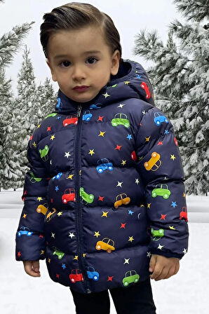 Erkek Çocuk Polarlı Kapüşonlu Araba Yıldız Ay Desenli Kışlık Şişme Mont & Kaban & Parka