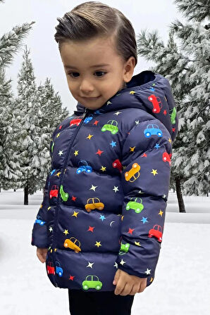 Erkek Çocuk Polarlı Kapüşonlu Araba Yıldız Ay Desenli Kışlık Şişme Mont & Kaban & Parka