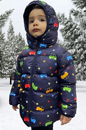 Erkek Çocuk Polarlı Kapüşonlu Araba Yıldız Ay Desenli Kışlık Şişme Mont & Kaban & Parka