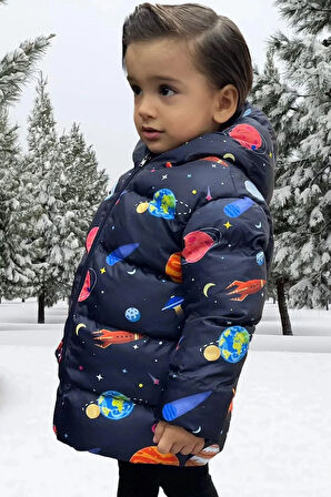 Erkek Çocuk Polarlı Kapüşonlu Gezegen Yıldız Desenli Kışlık Şişme Mont & Kaban & Parka