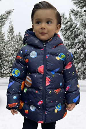 Erkek Çocuk Polarlı Kapüşonlu Gezegen Yıldız Desenli Kışlık Şişme Mont & Kaban & Parka