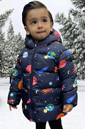 Erkek Çocuk Polarlı Kapüşonlu Gezegen Yıldız Desenli Kışlık Şişme Mont & Kaban & Parka