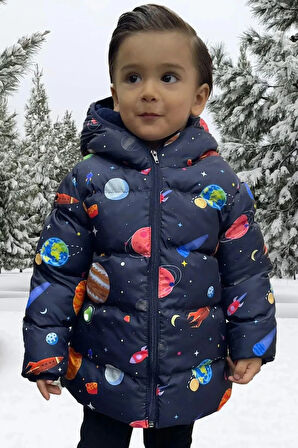 Erkek Çocuk Polarlı Kapüşonlu Gezegen Yıldız Desenli Kışlık Şişme Mont & Kaban & Parka