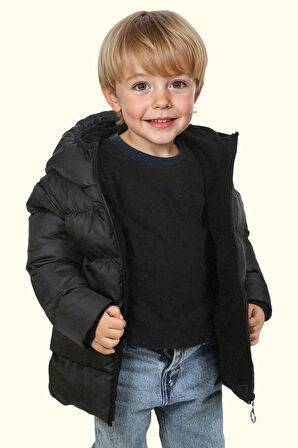 Erkek Çocuk Polarlı Kürklü Kapüşonlu Su Geçirmez Rüzgara Dayanıklı Şişme Kışlık Mont Kaban