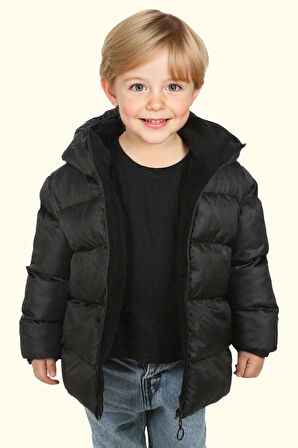 Erkek Çocuk Polarlı Kürklü Kapüşonlu Su Geçirmez Rüzgara Dayanıklı Şişme Kışlık Mont Kaban