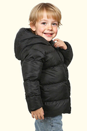 Erkek Çocuk Polarlı Kürklü Kapüşonlu Su Geçirmez Rüzgara Dayanıklı Şişme Kışlık Mont Kaban