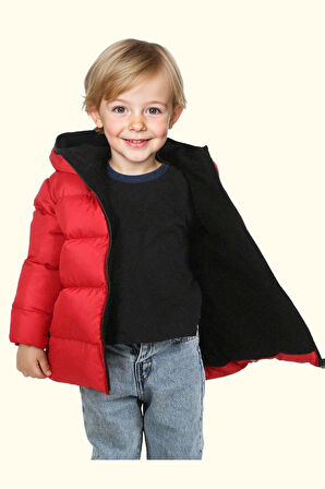 Erkek Çocuk Polarlı Kürklü Kapüşonlu Su Geçirmez Rüzgara Dayanıklı Şişme Kışlık Mont Kaban