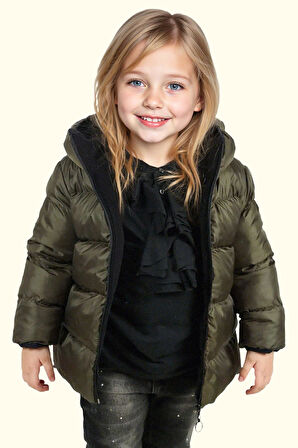 Kız Çocuk Polarlı Kürklü Kapüşonlu Su Geçirmez Rüzgara Dayanıklı Şişme Kışlık Mont Kaban