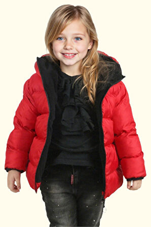 Kız Çocuk Polarlı Kürklü Kapüşonlu Su Geçirmez Rüzgara Dayanıklı Şişme Kışlık Mont Kaban