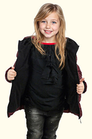 Kız Çocuk Polarlı Kürklü Kapüşonlu Su Geçirmez Rüzgara Dayanıklı Şişme Kışlık Mont Kaban