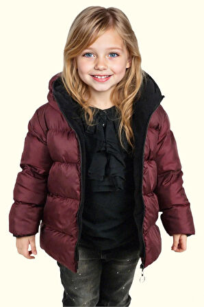 Kız Çocuk Polarlı Kürklü Kapüşonlu Su Geçirmez Rüzgara Dayanıklı Şişme Kışlık Mont Kaban