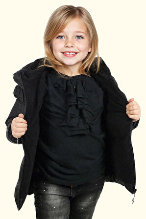 Kız Çocuk Polarlı Kürklü Kapüşonlu Su Geçirmez Rüzgara Dayanıklı Şişme Kışlık Mont Kaban