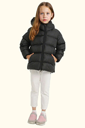 Kız Çocuk Polarlı Kürklü Kapüşonlu Su Geçirmez Rüzgara Dayanıklı Şişme Kışlık Mont