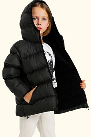 Kız Çocuk Polarlı Kürklü Kapüşonlu Su Geçirmez Rüzgara Dayanıklı Şişme Kışlık Mont