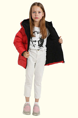 Kız Çocuk Polarlı Kürklü Kapüşonlu Su Geçirmez Rüzgara Dayanıklı Şişme Kışlık Mont