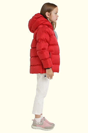 Kız Çocuk Polarlı Kürklü Kapüşonlu Su Geçirmez Rüzgara Dayanıklı Şişme Kışlık Mont