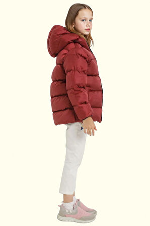 Kız Çocuk Polarlı Kürklü Kapüşonlu Su Geçirmez Rüzgara Dayanıklı Şişme Kışlık Mont