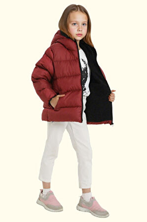 Kız Çocuk Polarlı Kürklü Kapüşonlu Su Geçirmez Rüzgara Dayanıklı Şişme Kışlık Mont