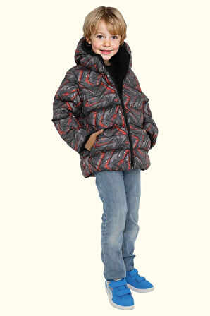 Erkek Çocuk Geometrik Desen Polar Su Ve Rüzgar Geçirmez Kapüşonlu Şişme Kışlık Mont