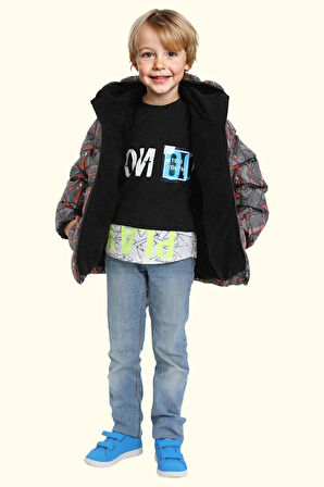 Erkek Çocuk Geometrik Desen Polar Su Ve Rüzgar Geçirmez Kapüşonlu Şişme Kışlık Mont