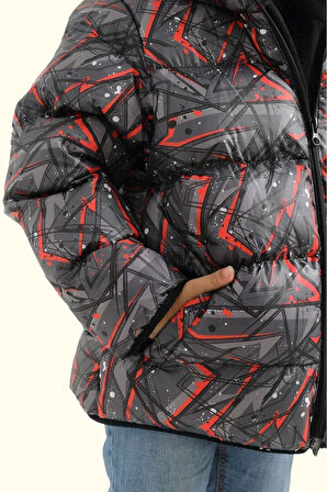 Erkek Çocuk Geometrik Desen Polar Su Ve Rüzgar Geçirmez Kapüşonlu Şişme Kışlık Mont