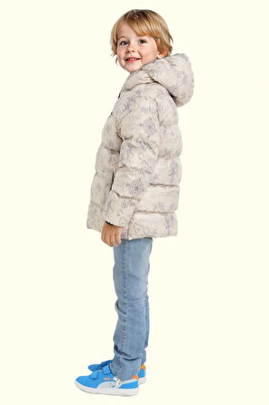 Erkek Çocuk Geometrik Desen Polar Su Ve Rüzgar Geçirmez Kapüşonlu Şişme Kışlık Mont