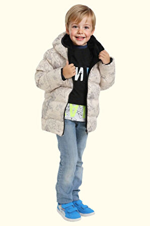 Erkek Çocuk Geometrik Desen Polar Su Ve Rüzgar Geçirmez Kapüşonlu Şişme Kışlık Mont