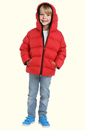 Erkek Çocuk Polarlı Kapüşonlu Su Geçirmez Rüzgara Dayanıklı Şişme Kışlık Mont