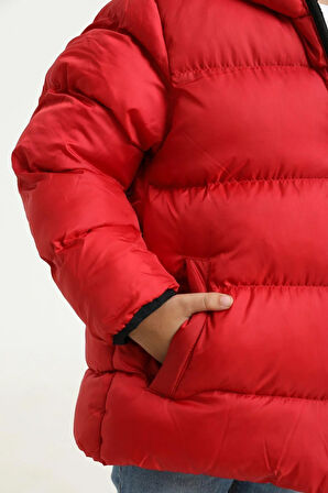 Erkek Çocuk Polarlı Kapüşonlu Su Geçirmez Rüzgara Dayanıklı Şişme Kışlık Mont